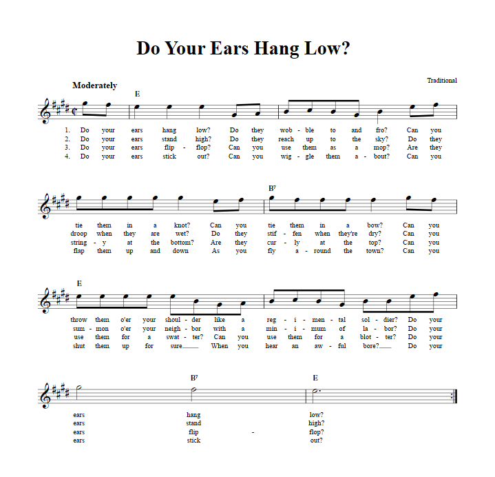 Do Your Ears Hang Low? Treble Clef Sheet Music for E-Flat Instruments