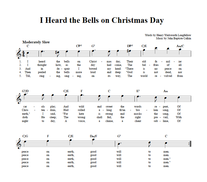 I Heard the Bells on Christmas Day Treble Clef Sheet Music for E-Flat Instruments