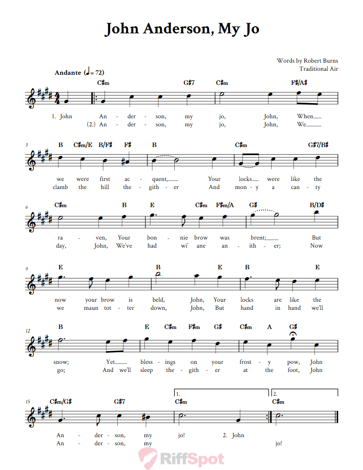 John Anderson, My Jo Treble Clef Sheet Music for E-Flat Instruments