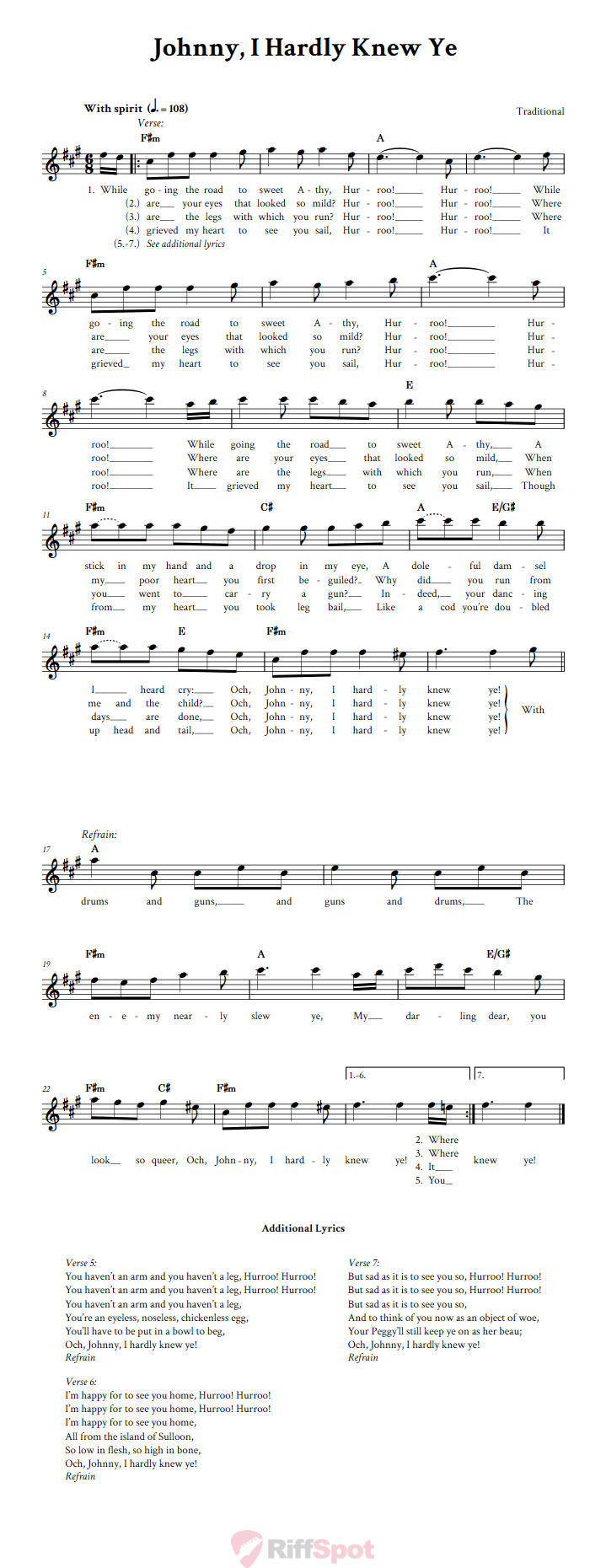 Johnny, I Hardly Knew Ye Treble Clef Sheet Music for E-Flat Instruments