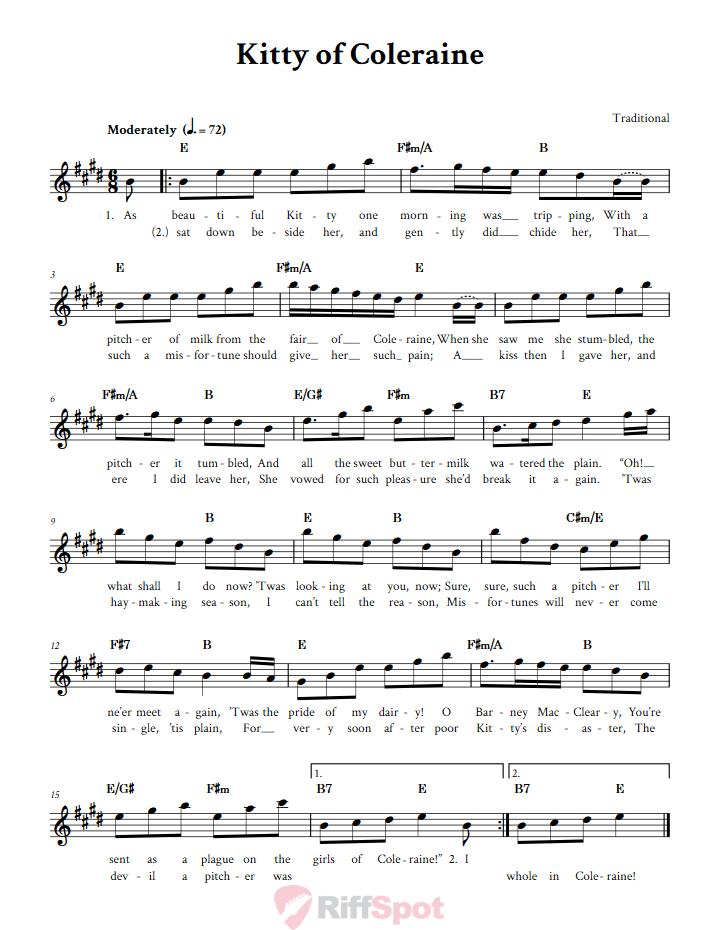 Kitty of Coleraine Treble Clef Sheet Music for E-Flat Instruments
