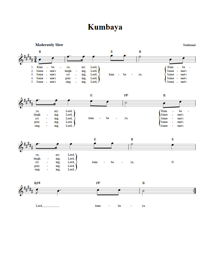 Kumbaya Treble Clef Sheet Music for E-Flat Instruments