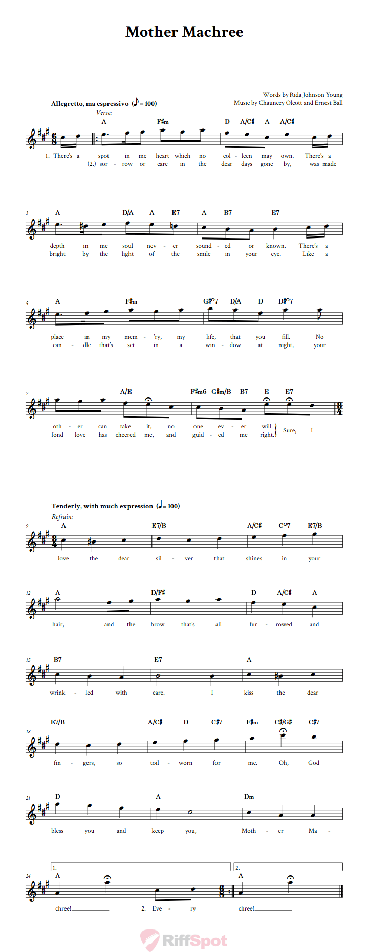 Mother Machree Treble Clef Sheet Music for E-Flat Instruments