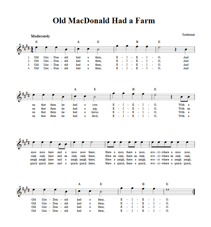 Old MacDonald Had a Farm Treble Clef Sheet Music for E-Flat Instruments