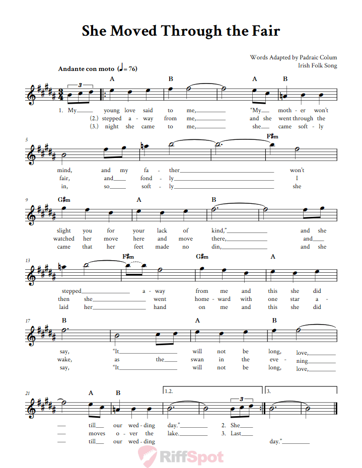 She Moved Through the Fair Treble Clef Sheet Music for E-Flat Instruments