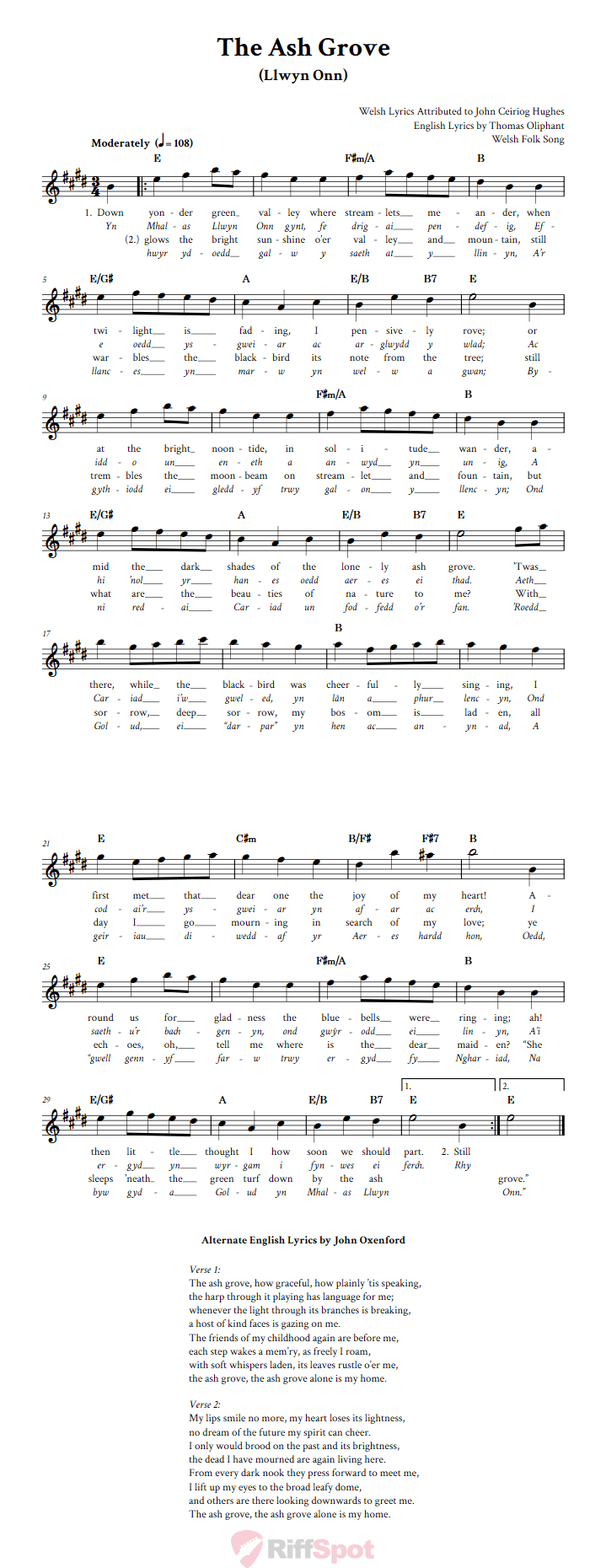 The Ash Grove Treble Clef Sheet Music for E-Flat Instruments