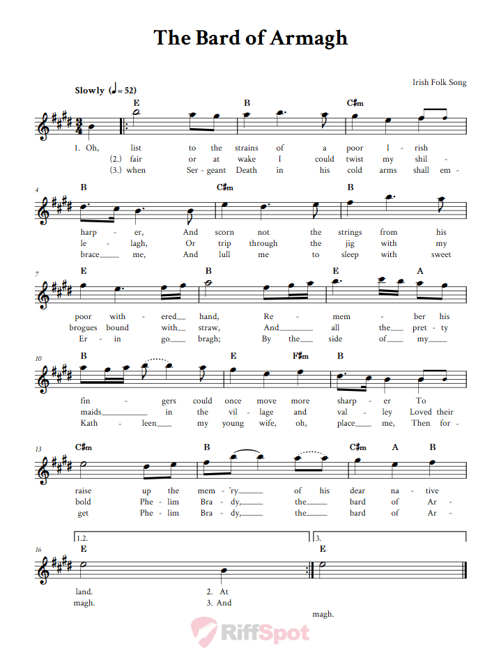 The Bard of Armagh Treble Clef Sheet Music for E-Flat Instruments