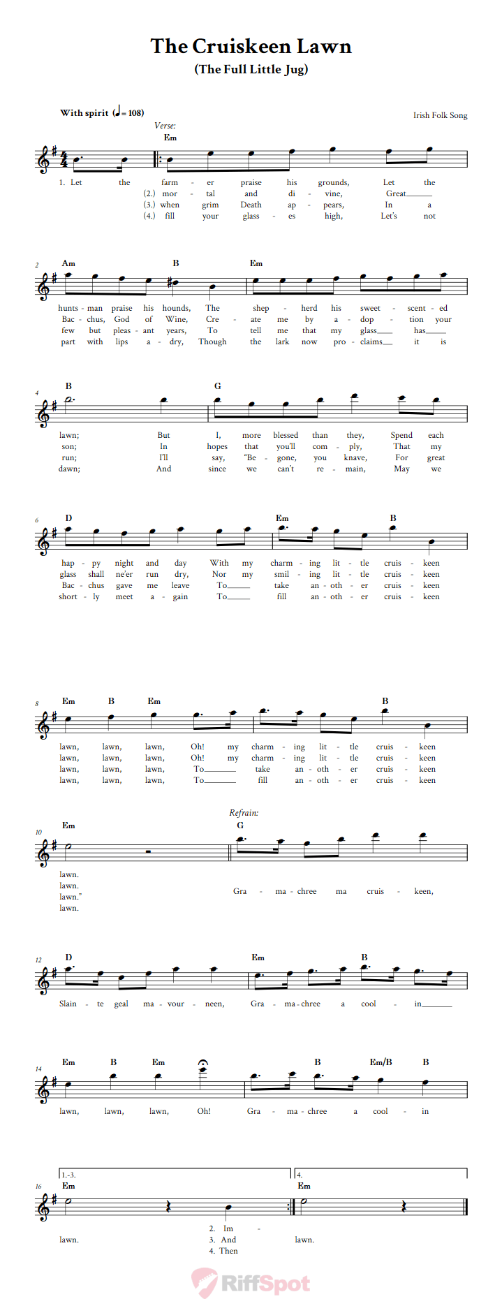 The Cruiskeen Lawn Treble Clef Sheet Music for E-Flat Instruments