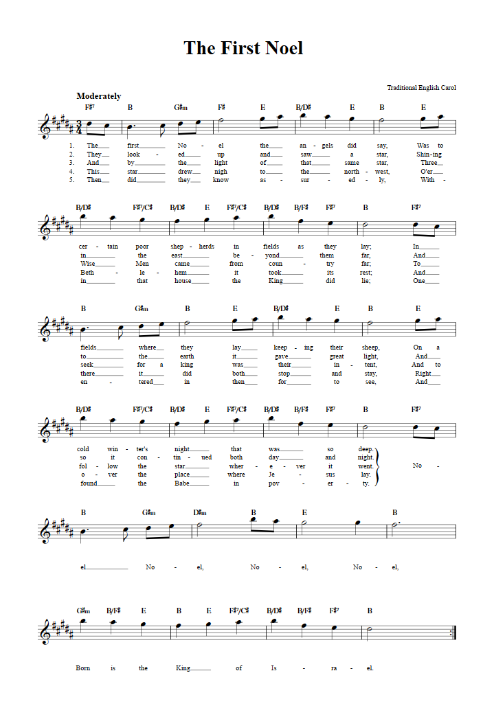 The First Noel Treble Clef Sheet Music for E-Flat Instruments