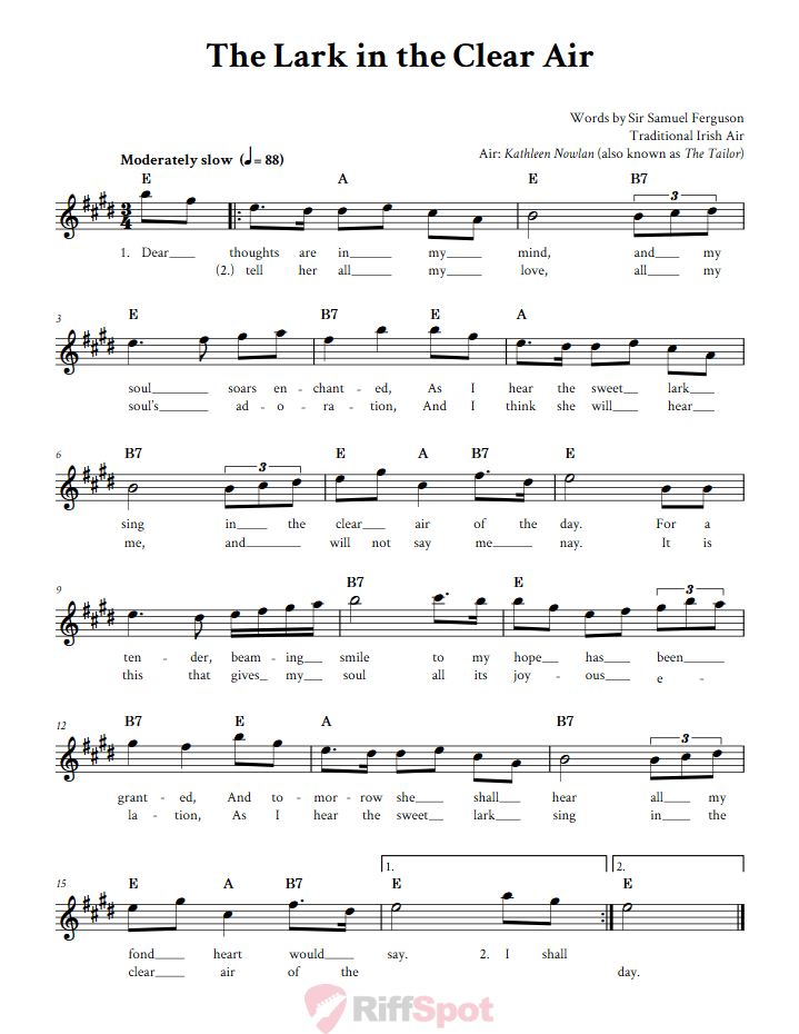 The Lark in the Clear Air Treble Clef Sheet Music for E-Flat Instruments