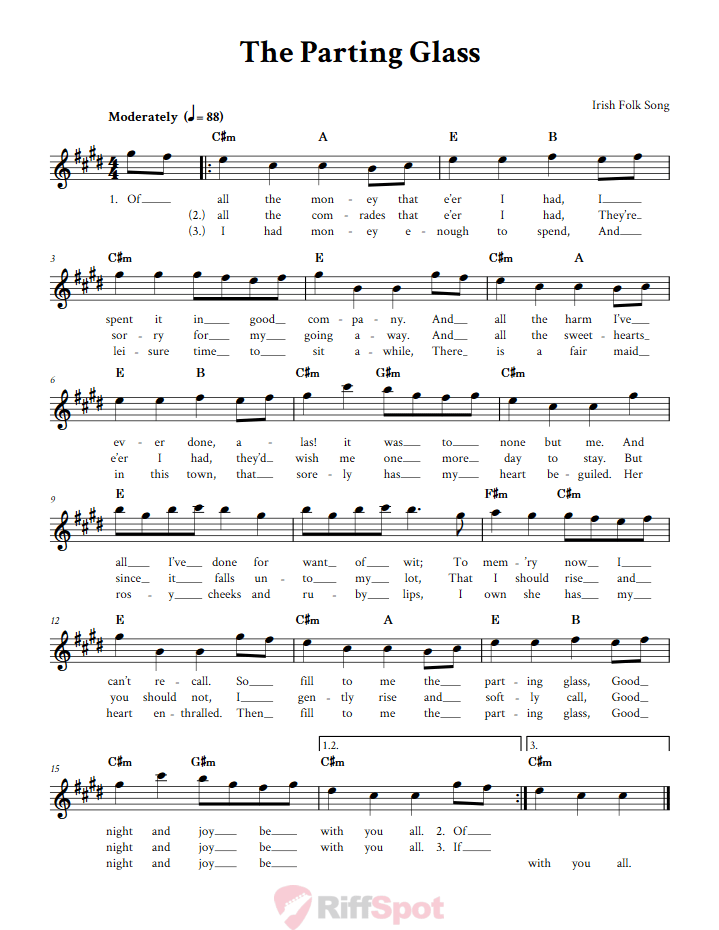 The Parting Glass Treble Clef Sheet Music for E-Flat Instruments