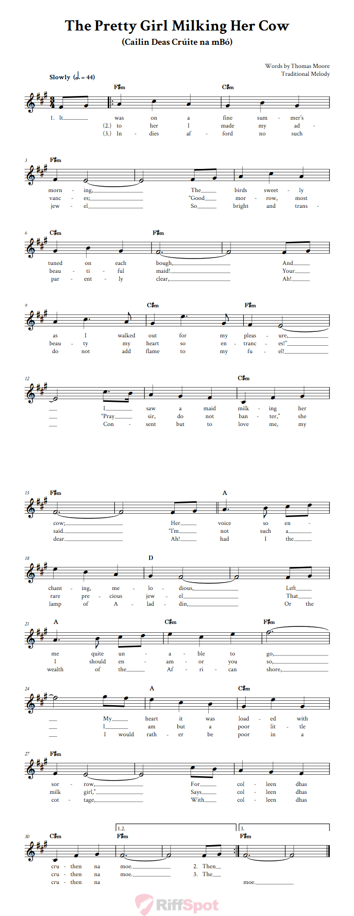 The Pretty Girl Milking Her Cow Treble Clef Sheet Music for E-Flat Instruments