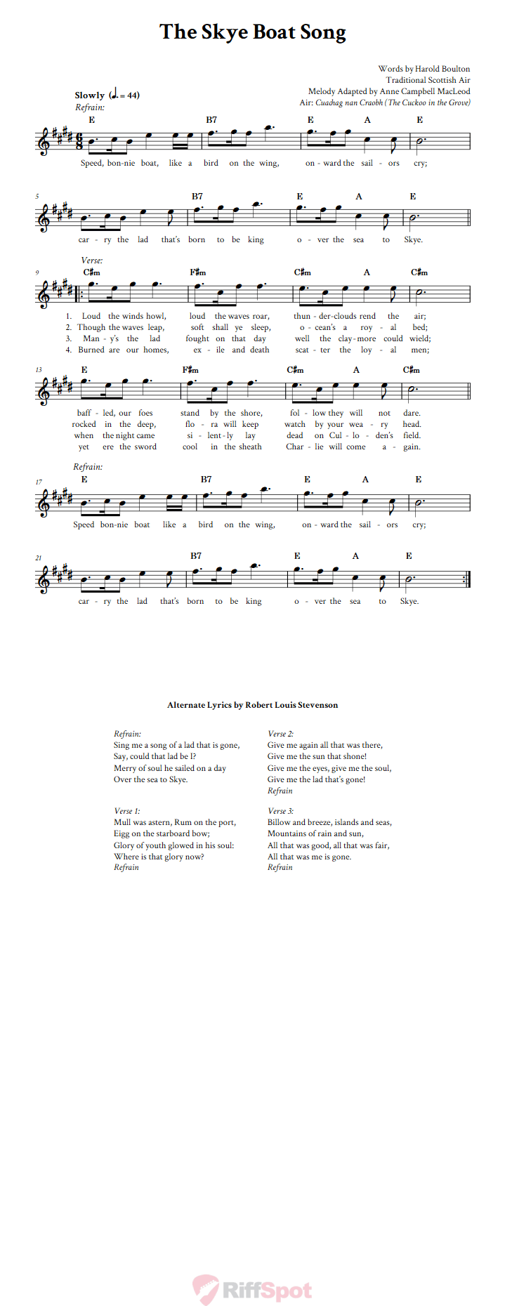 The Skye Boat Song Treble Clef Sheet Music for E-Flat Instruments