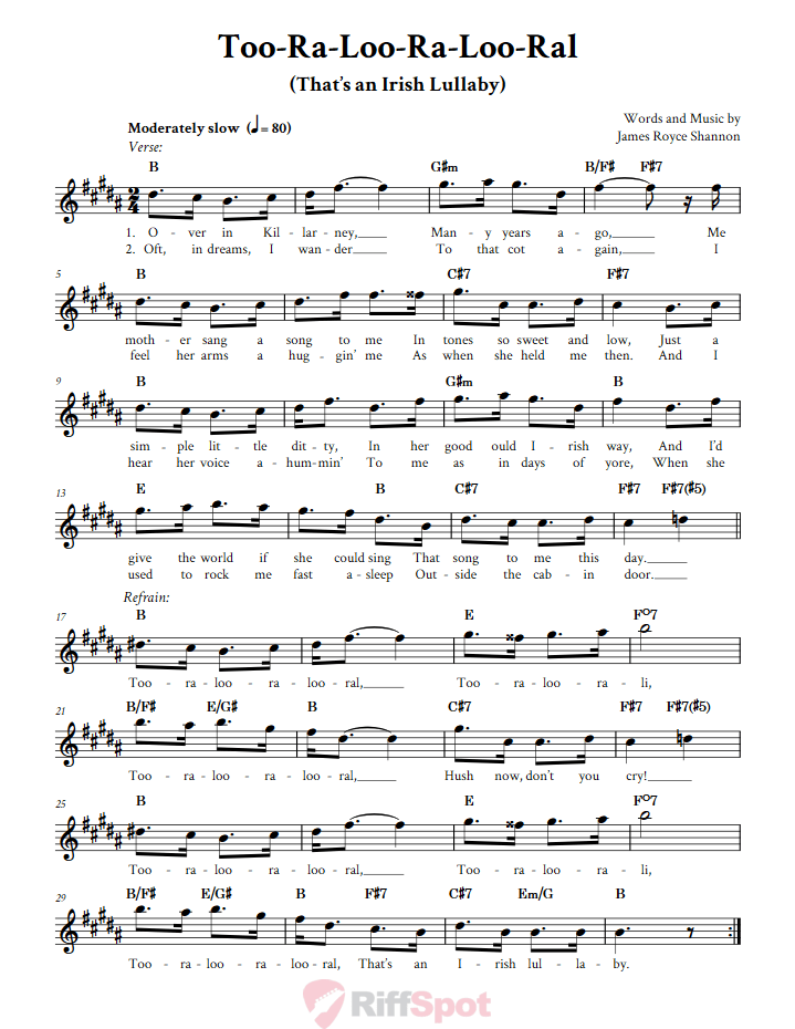 Too-Ra-Loo-Ra-Loo-Ral (That's an Irish Lullaby) Treble Clef Sheet Music for E-Flat Instruments