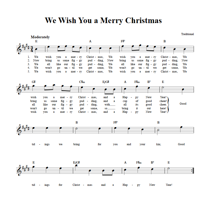 We Wish You a Merry Christmas Treble Clef Sheet Music for E-Flat Instruments