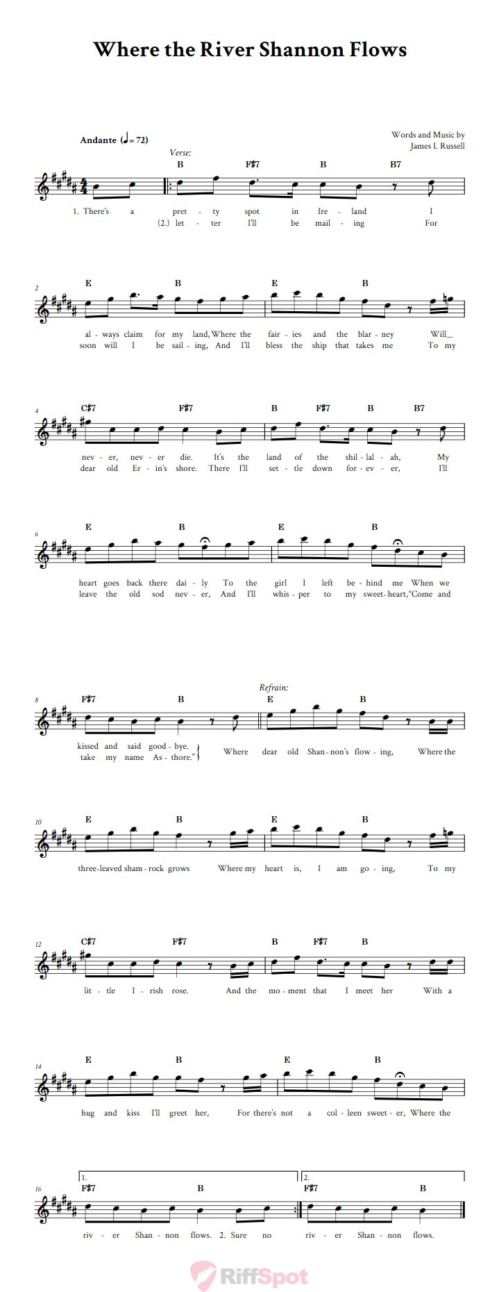 Where the River Shannon Flows Treble Clef Sheet Music for E-Flat Instruments