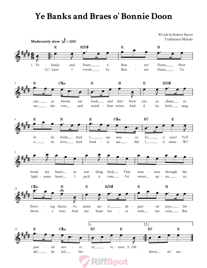 Ye Banks And Braes o' Bonnie Doon Treble Clef Sheet Music for E-Flat Instruments