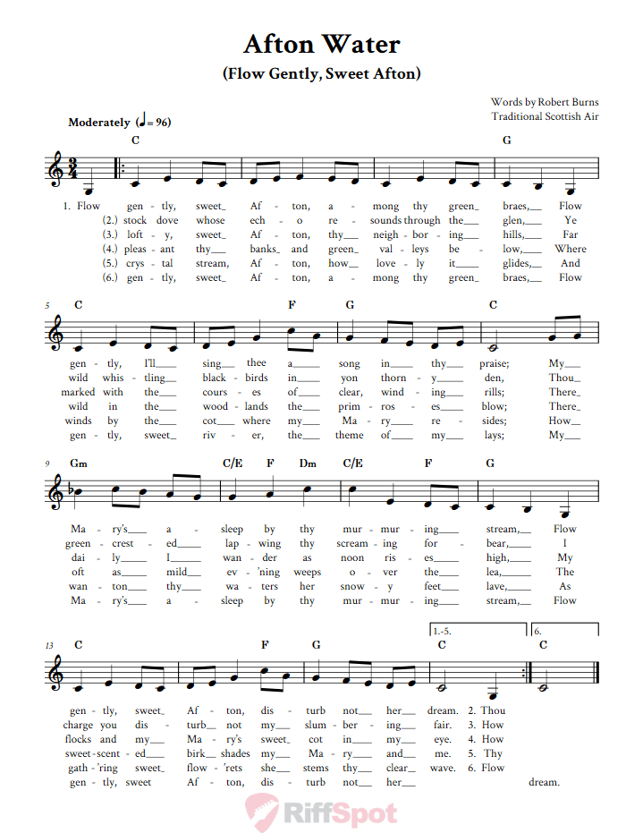 Afton Water Treble Clef Sheet Music for F Instruments