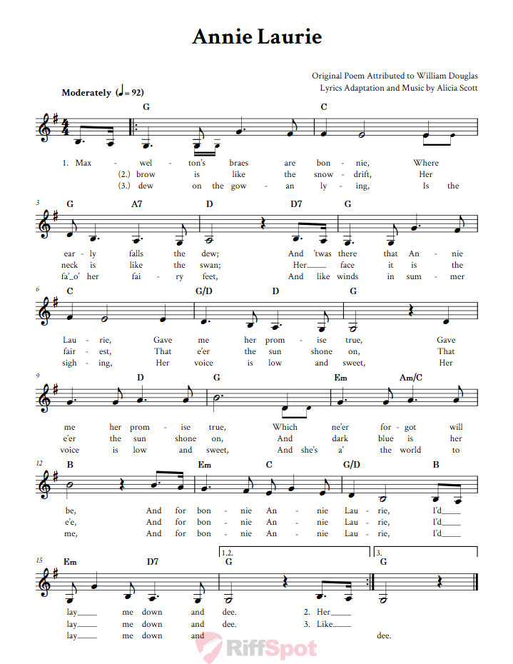 Annie Laurie Treble Clef Sheet Music for F Instruments