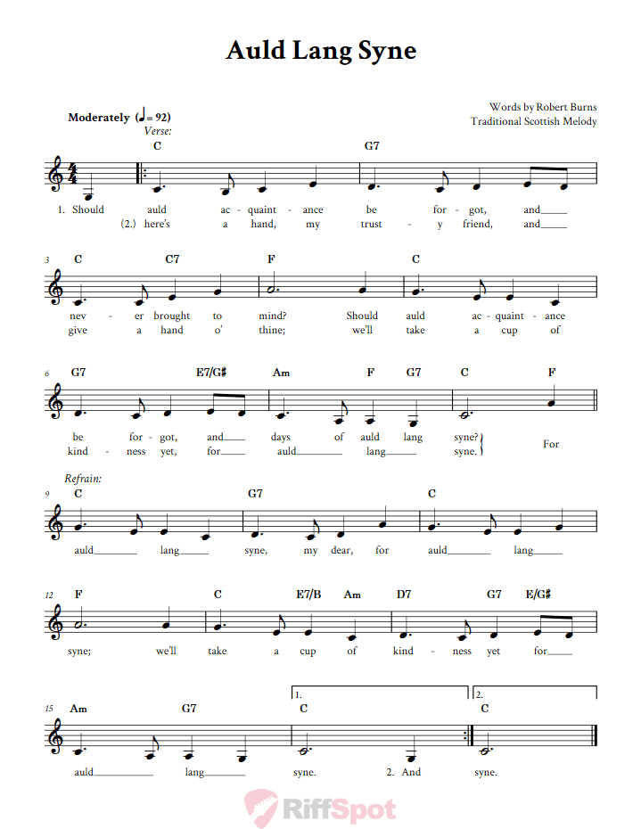 Auld Lang Syne Treble Clef Sheet Music for F Instruments