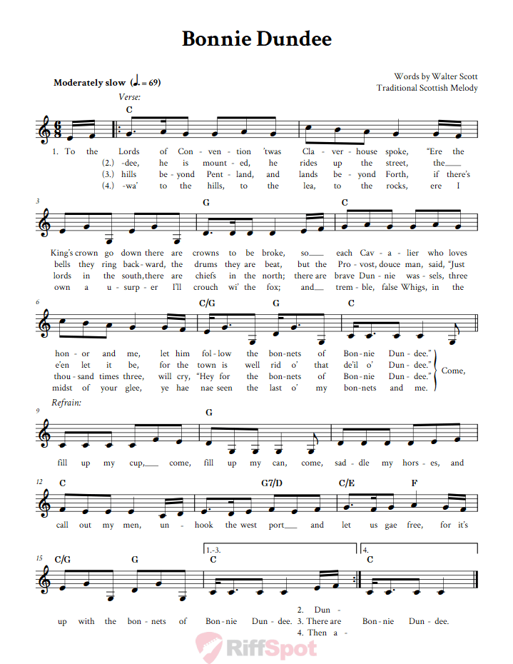 Bonnie Dundee Treble Clef Sheet Music for F Instruments