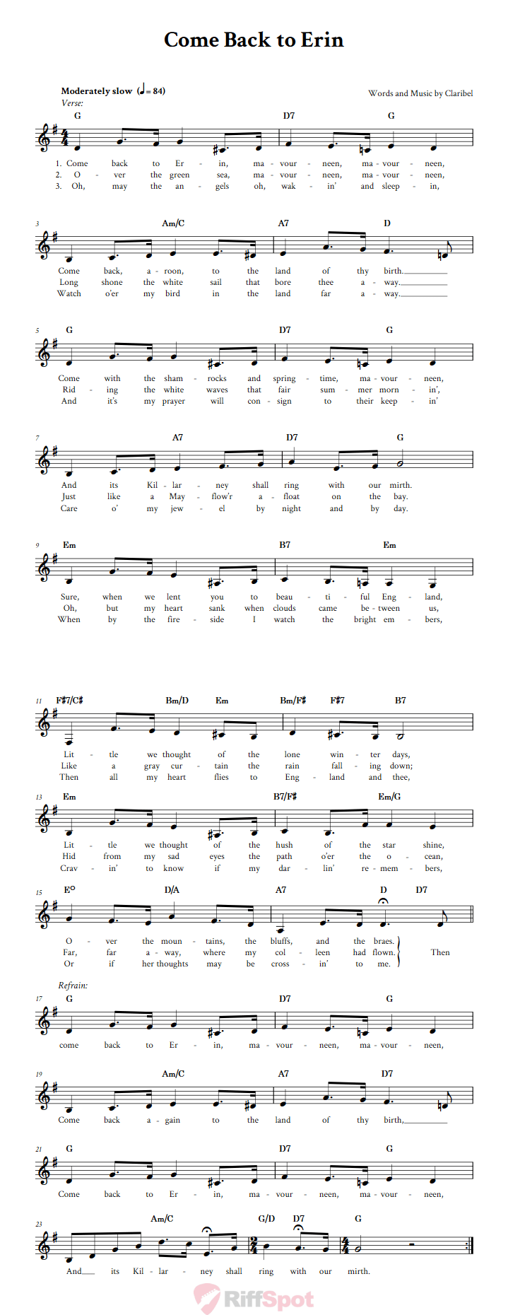Come Back to Erin Treble Clef Sheet Music for F Instruments
