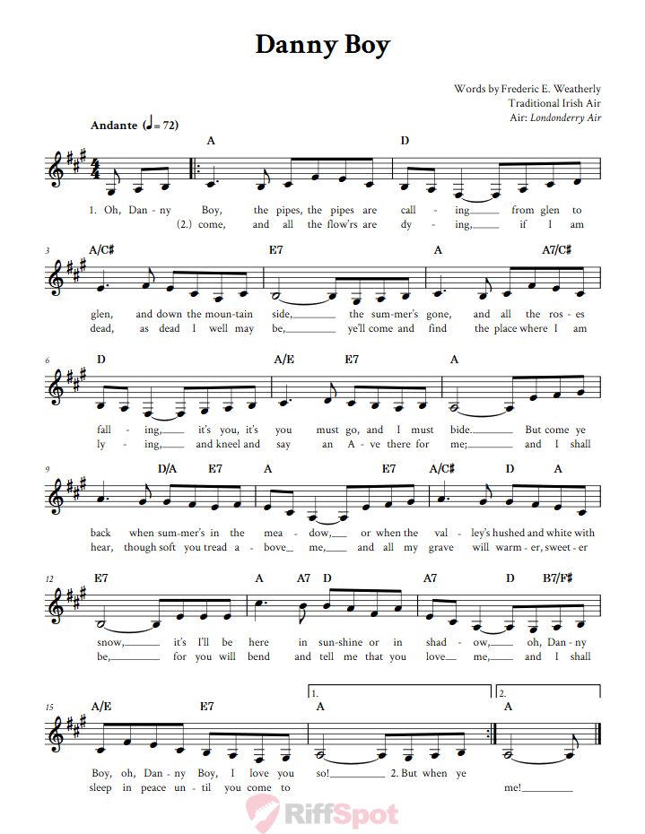 Danny Boy Treble Clef Sheet Music for F Instruments