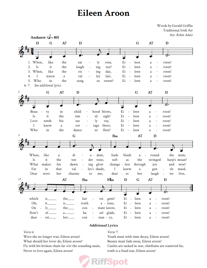 Eileen Aroon Treble Clef Sheet Music for F Instruments