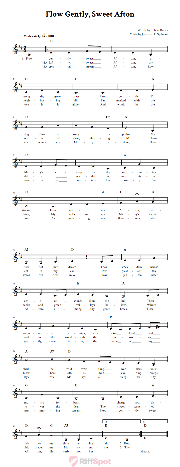 Flow Gently, Sweet Afton Treble Clef Sheet Music for F Instruments
