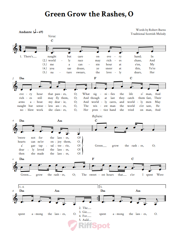 Green Grow The Rashes, O Treble Clef Sheet Music for F Instruments