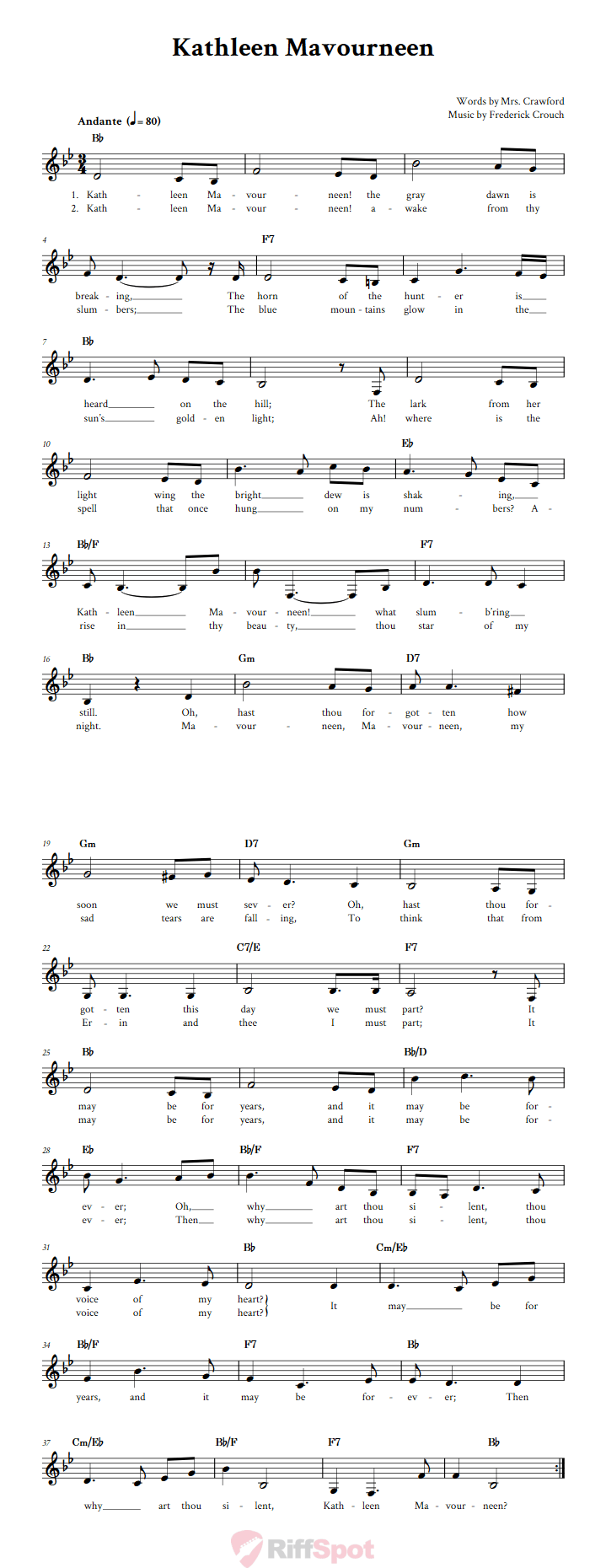 Kathleen Mavourneen Treble Clef Sheet Music for F Instruments