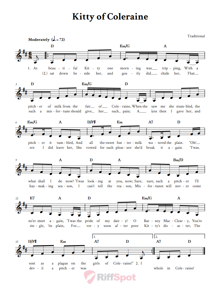 Kitty of Coleraine Treble Clef Sheet Music for F Instruments