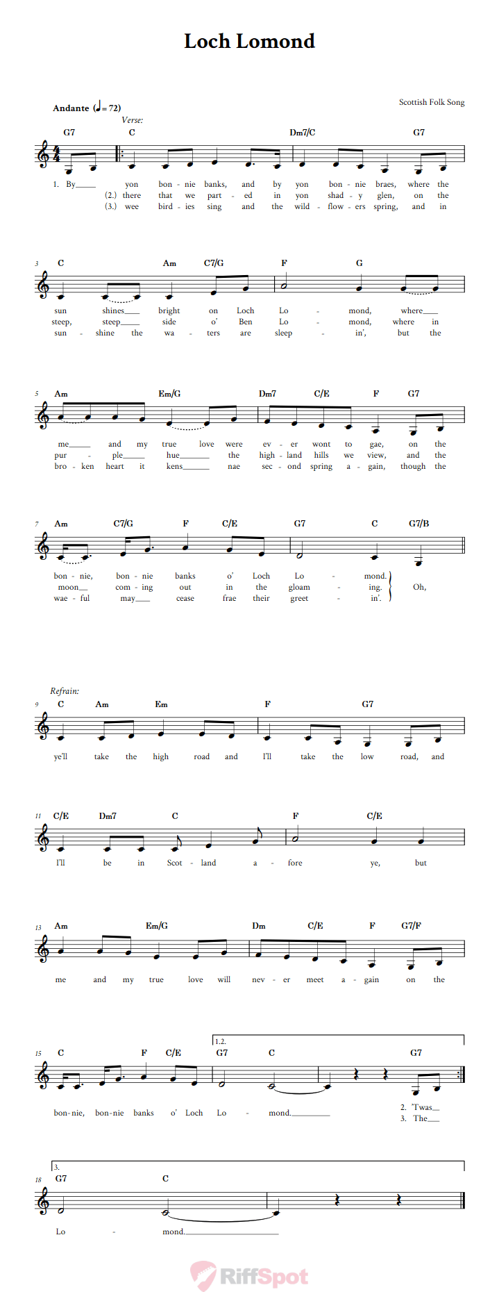 Loch Lomond Treble Clef Sheet Music for F Instruments