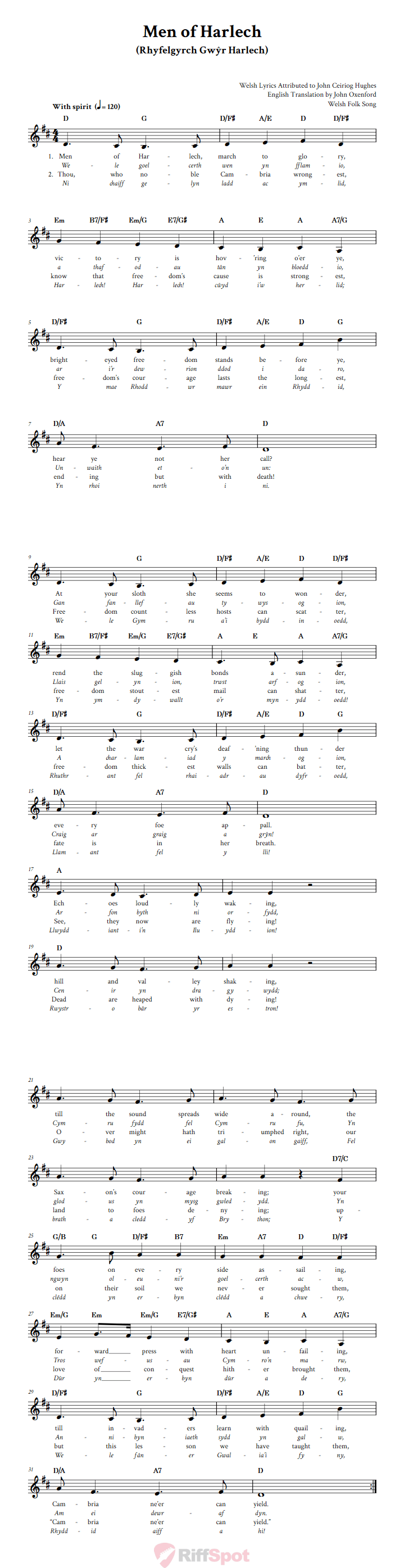Men of Harlech Treble Clef Sheet Music for F Instruments