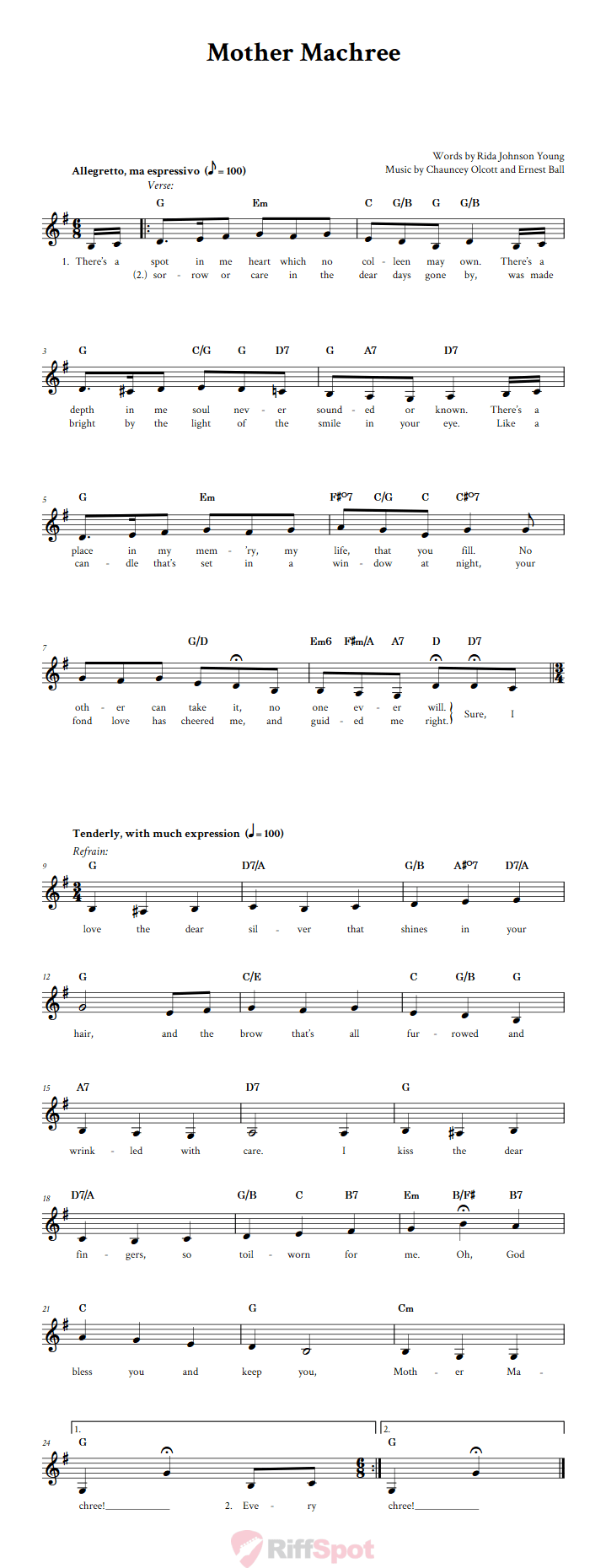 Mother Machree Treble Clef Sheet Music for F Instruments