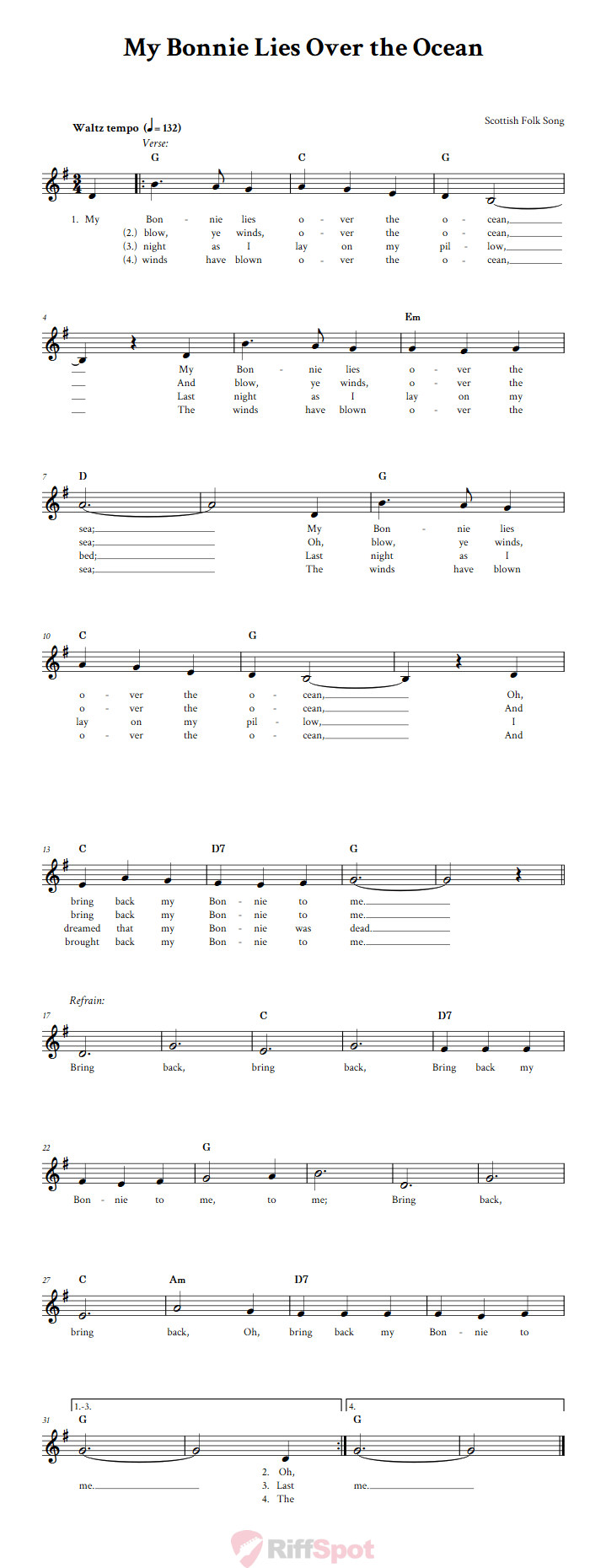 My Bonnie Lies Over the Ocean Treble Clef Sheet Music for F Instruments