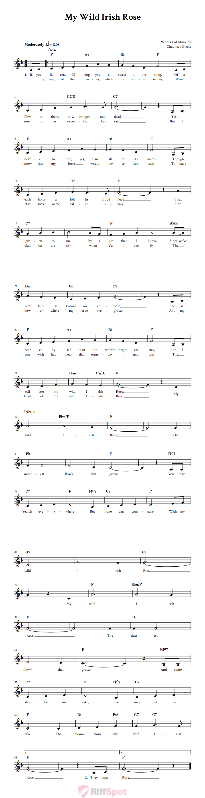 My Wild Irish Rose Treble Clef Sheet Music for F Instruments