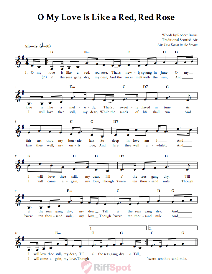 O My Love Is Like a Red, Red Rose Treble Clef Sheet Music for F Instruments