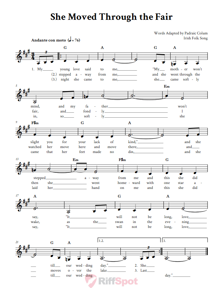 She Moved Through the Fair Treble Clef Sheet Music for F Instruments