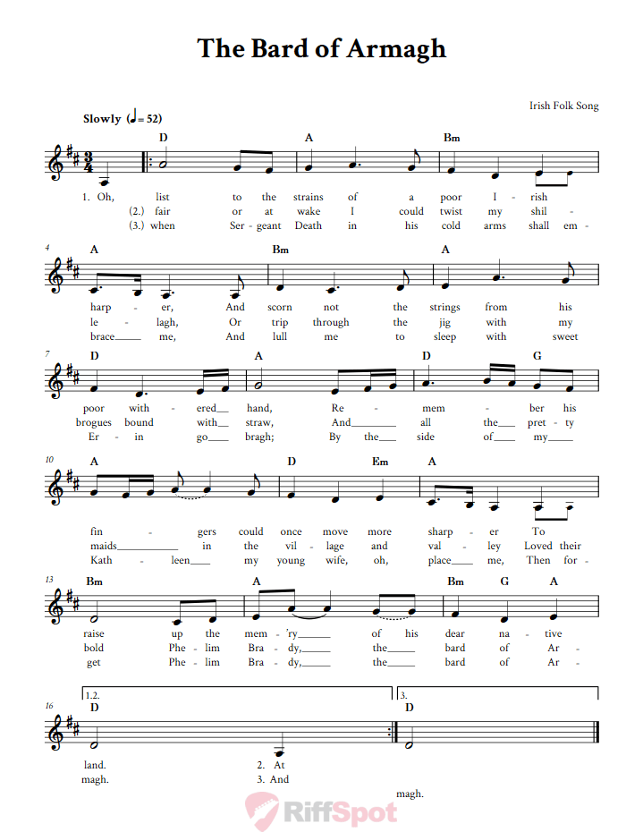 The Bard of Armagh Treble Clef Sheet Music for F Instruments