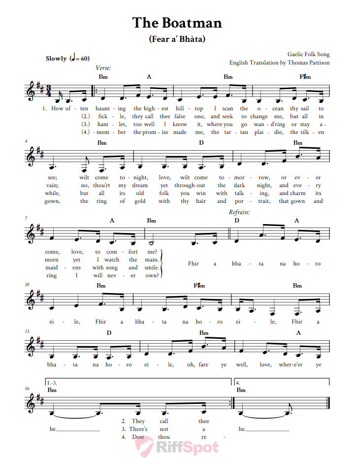 The Boatman Treble Clef Sheet Music for F Instruments