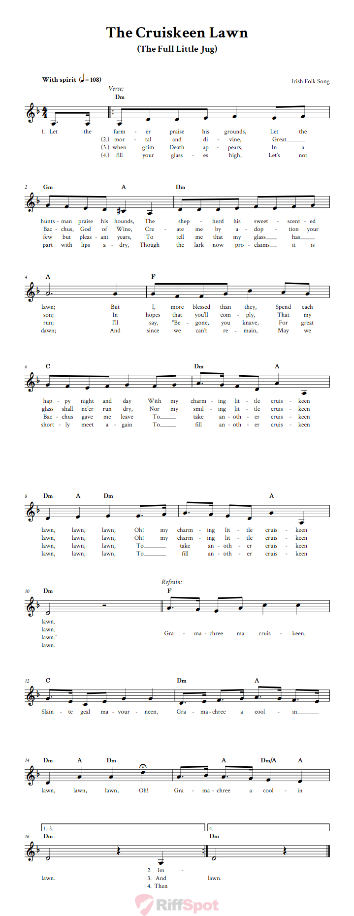 The Cruiskeen Lawn Treble Clef Sheet Music for F Instruments