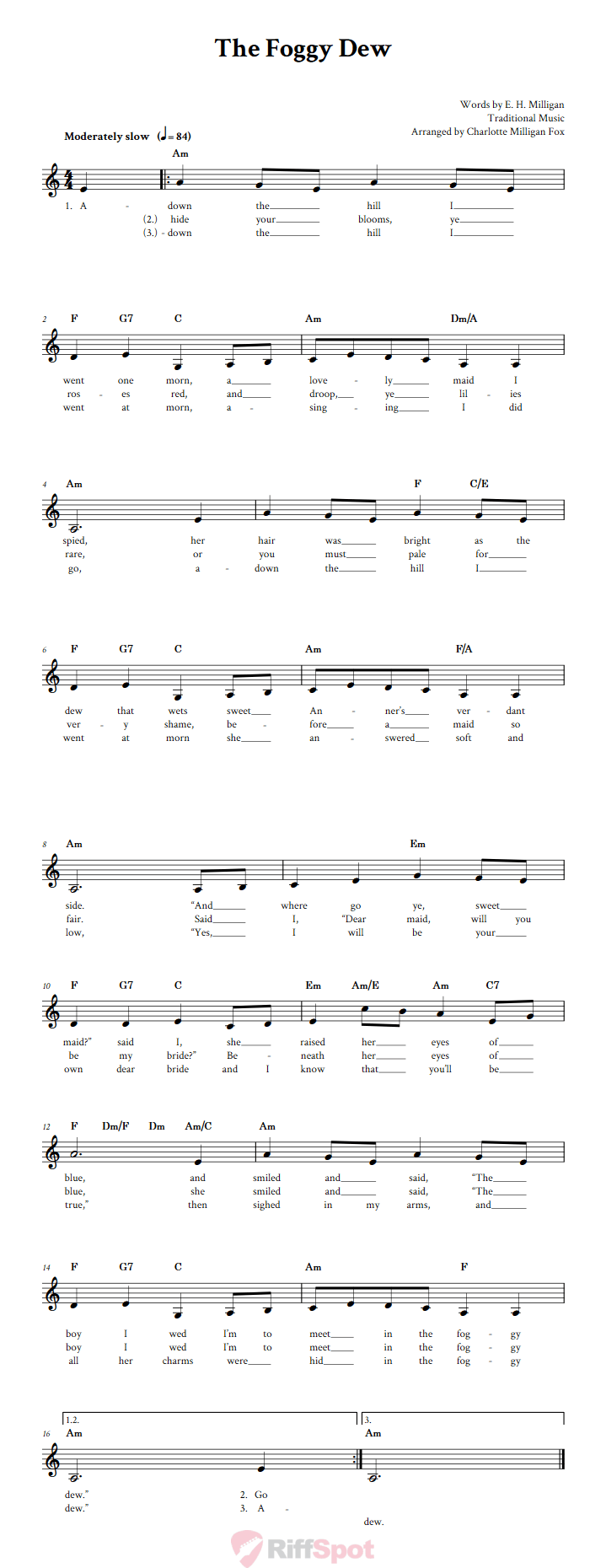 The Foggy Dew Treble Clef Sheet Music for F Instruments