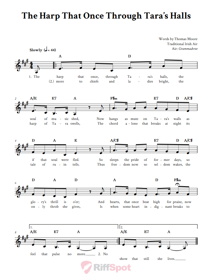 The Harp That Once Through Tara's Halls Treble Clef Sheet Music for F Instruments
