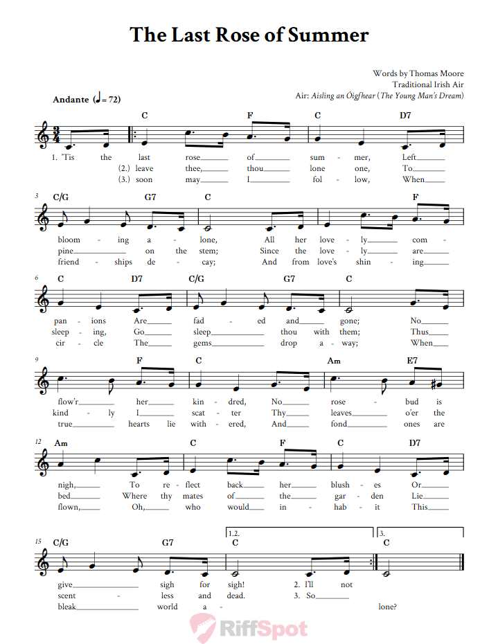 The Last Rose of Summer Treble Clef Sheet Music for F Instruments
