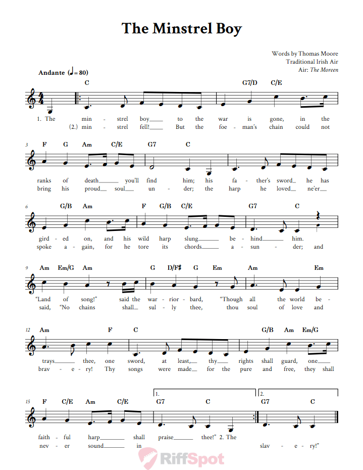 The Minstrel Boy Treble Clef Sheet Music for F Instruments