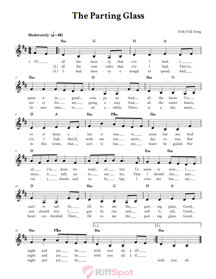 The Parting Glass Treble Clef Sheet Music for F Instruments