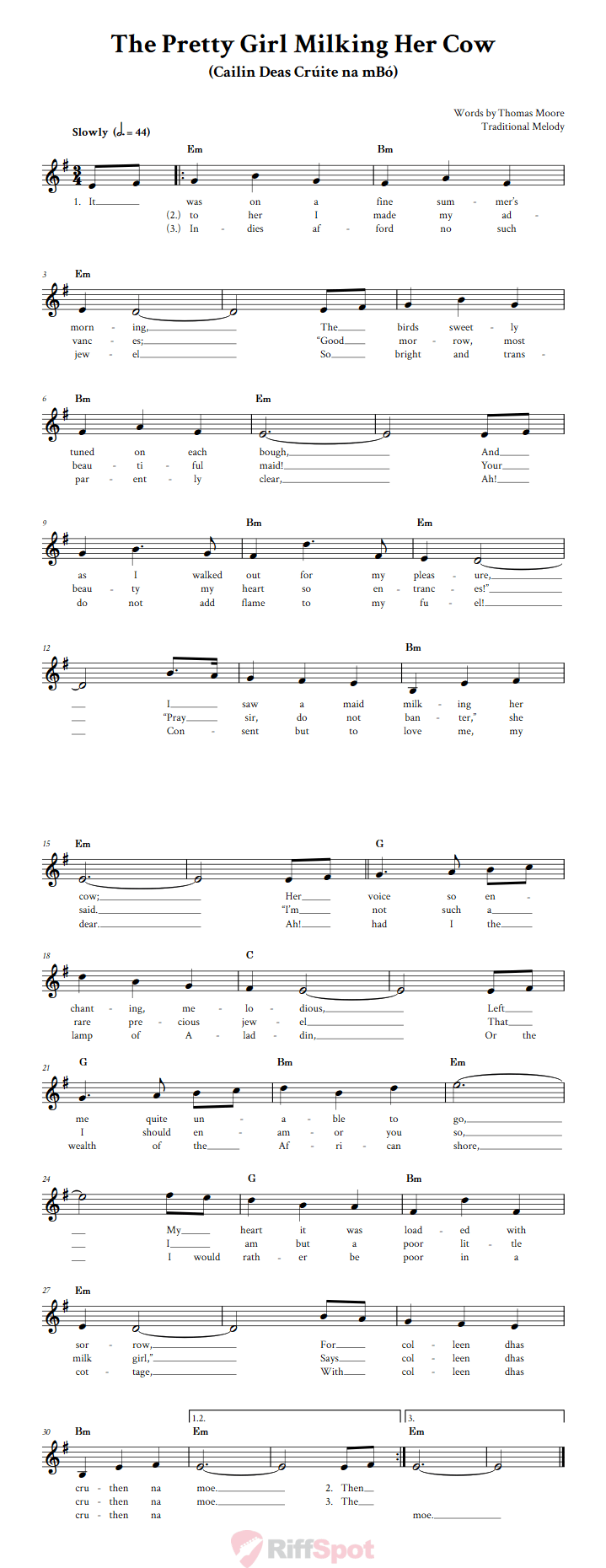 The Pretty Girl Milking Her Cow Treble Clef Sheet Music for F Instruments