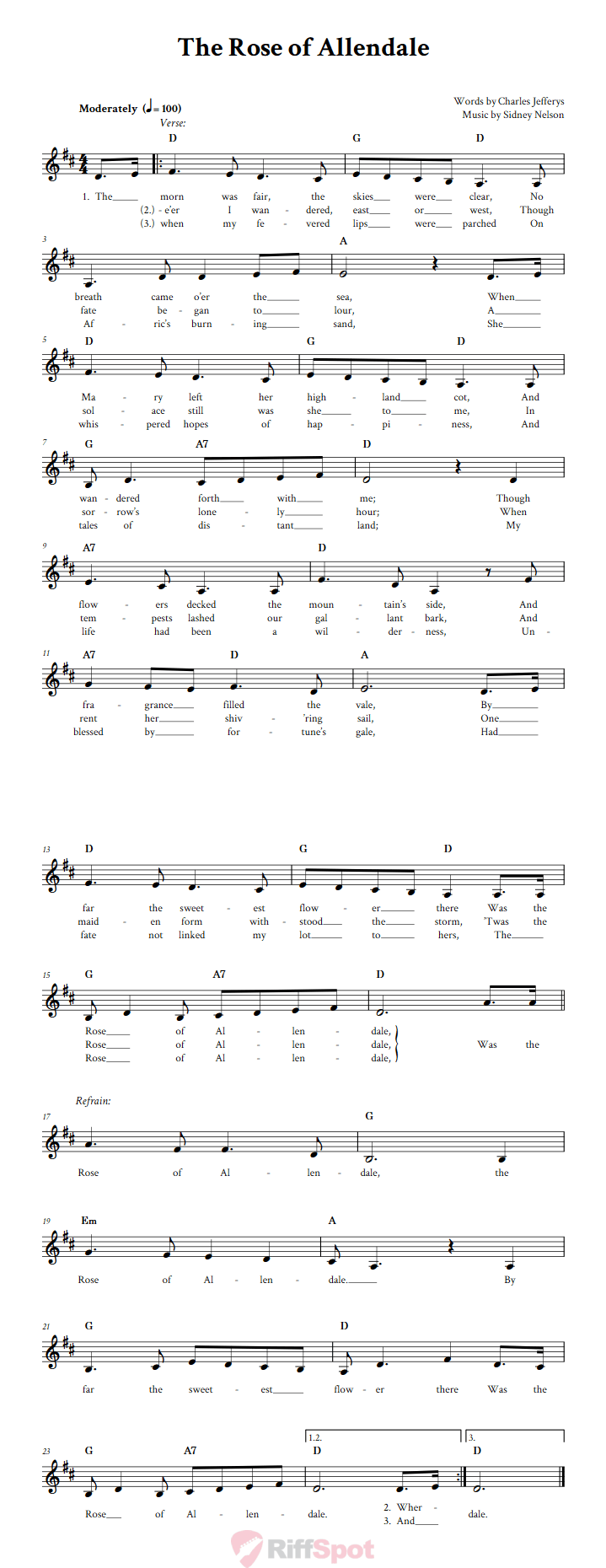 The Rose of Allendale Treble Clef Sheet Music for F Instruments