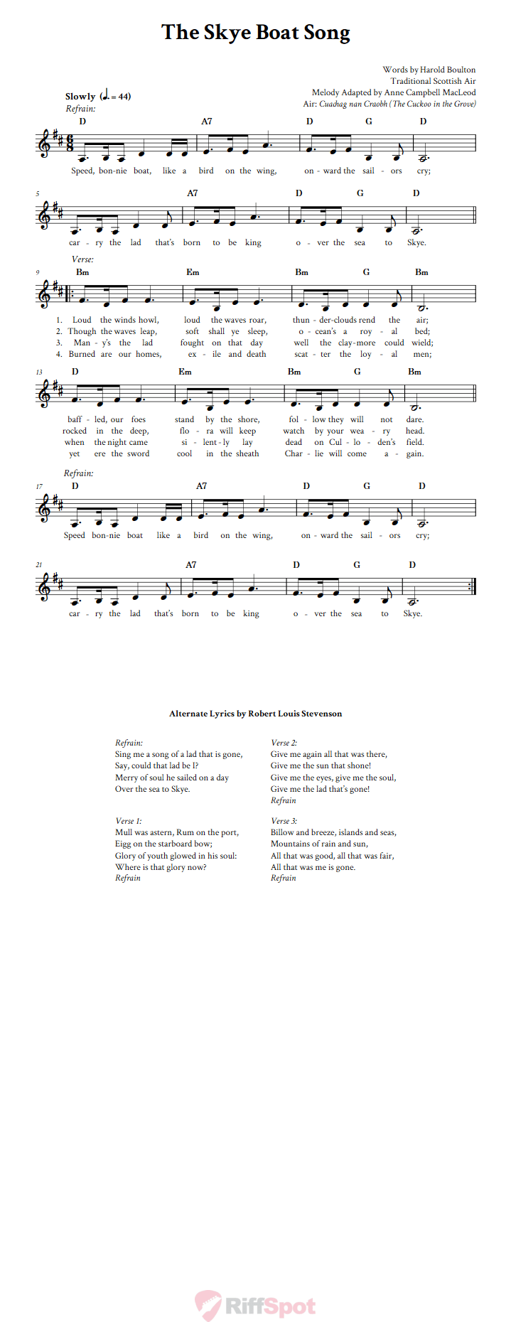 The Skye Boat Song Treble Clef Sheet Music for F Instruments